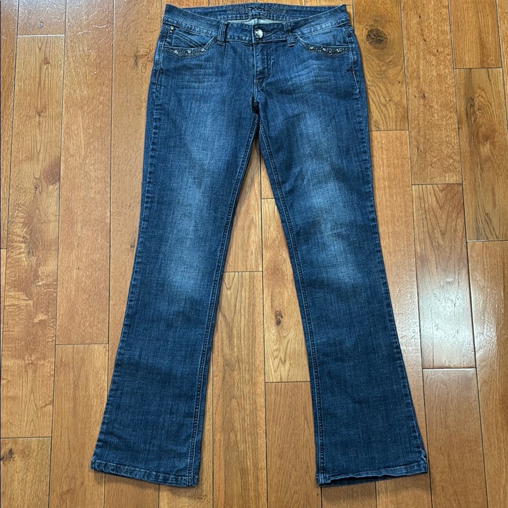 H & G womens juniors rhinestone blue jeans size 13 low rise.